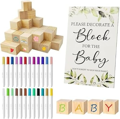 73 Stück Babyparty Spiele Set – Lustige Baby Shower & Gender Reveal Spiele für Gäste, mit 48 Naturbelassenen Holzwürfeln zum Bemalen, 24 Acrylstiften, Holzschild, Geeignet für Jungen und Mädchen