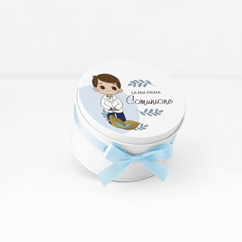 Scatoline Portaconfetti Bomboniera, Latta con Tappo Personalizzato, Bomboniera Elegante, Scatola Regalo con Nastro Incluso, 7x7x4.5 cm, per Eventi (Comunione) (Bimbo Comunione)
