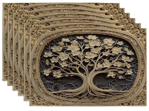 Paper Quilling Style Tree of Life Placemats Set of 6, 12x18 Inch, Fun 3D Tree 6Pcs Soft Table Mats for Dinning, Aesthetic Pattern Holiday Home Kitchen Decor