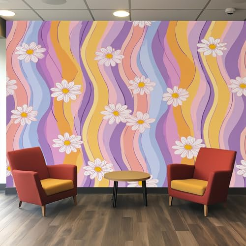 70er Retro Tapete Mit Vintage Blumen Lila Gelb Muster Fototapete Vliestapete Innen Wohnzimmer Küche Schlafzimmer, 70er Retro Wand Decor Poster Tapeten, 250x175 cm