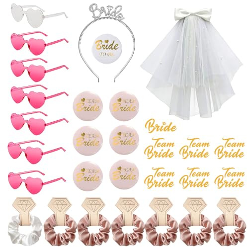 30 Stück JGA Accessoires Frauen für Frauen Junggesellenabschied Frauen | bride to be Deko 7 Herz Sonnenbrillen +1 Kopftuch + 7 Schleier Team Braut Aufkleber Bachelorette Party Accessories JGA Deko