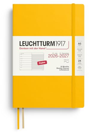 LEUCHTTURM1917 Veckokalender 2027 A5 med anteckningsbok, linjerad – mötesplanerare engelska, 18 månader juli 2026 – december 2027, solros, softcover, 210 x 145 mm, veckoöversikt vänster +