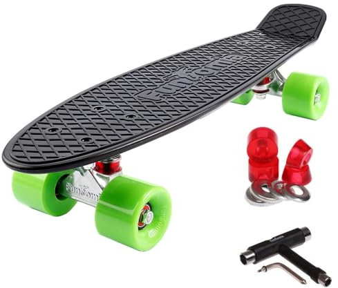 FunTomia 57cm Mini-Board Skateboard mit oder ohne LED Leuchtrollen inkl. Aluminium Truck, ABEC-9 Kugellager und T-Tool (schwarz)