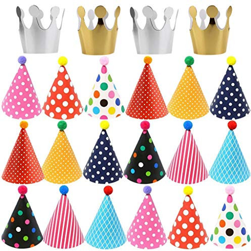Ouceanwin 22 Piezas Gorros Fiesta Cono Sombreros de Corona DIY Multicolor Sombrero de Papel con Pompones de Mini Gorro Cumpleaños Fiesta para Niños Adultos