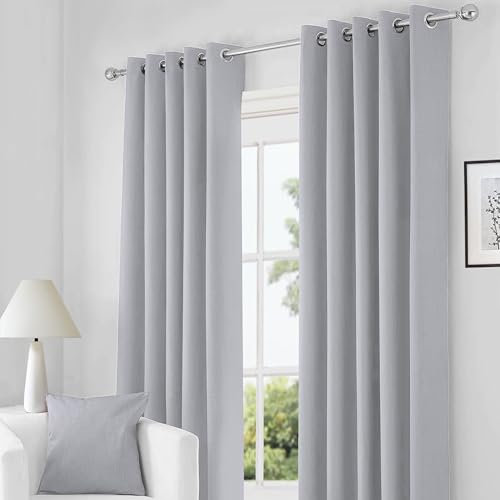 RayyanLinen Readymade Blackout Thermal Eyelet Ring Top Pair of Curtains Including 2 free Tiebacks (GREY SILVER, Width 66 x Drop 72)