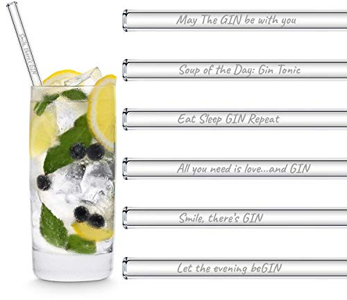 HALM Pajitas de vidrio Edición de Gin con frases 6x 20cm con dichos en inglés sobre Gin Sorbete Popote Vidrio Gin-Tonic Regalo Cristal
