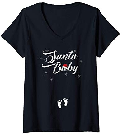 Femme SANTA BABY Noël Empreintes de bébé Annonce de grossesse Meme T-Shirt avec Col en V