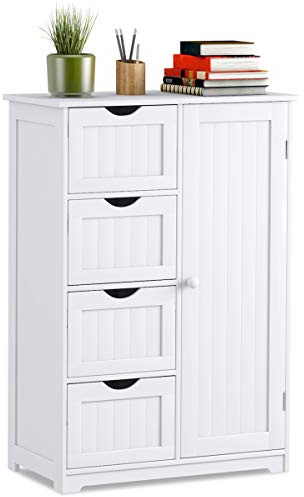 GIANTEX Sideboard Badezimmerschrank, Aufbewahrungsschrank Badschrank aus Holz, Badezimmer Kommode mit 4 Schubladen & Verstellbarer Regalebene, Beistellschrank freistehend 56x30x82 cm (weiß)