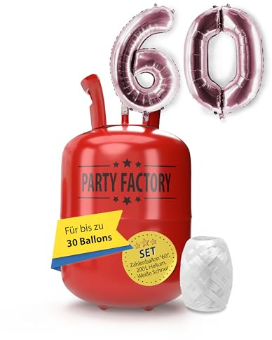Party Factory – Helium Gasflasche 200L im Set mit XXL Zahlenballon 60 Rosé – Partydeko Ballongas Flasche mit Folienballon & 40 m weißer Ballonschnur – Einwegflaschen mit Knick-Füllventil