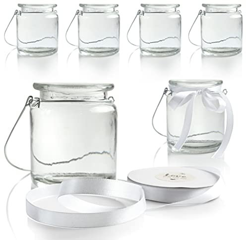 WeddingTree 6 x Windlicht Glas mit Bügel und Dekoband weiß - Teelichtgläser - Einfach Abnehmbarer Metallbügel - Deko für Hochzeit