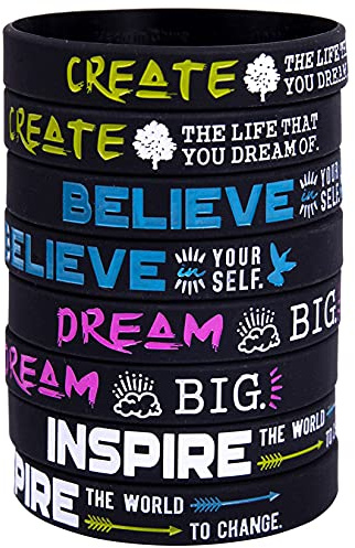 FHOISD (12-Pack) Motivational Quote Silicone Wristbands Rubber Inspirational Bracelets Gifts and Party Favors-Create, Believe，Dream, Inspire (Black, 8“ circumference)