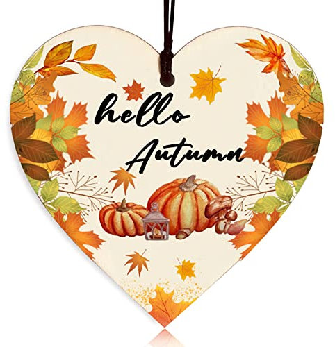 Decorazione Autunnale per la Casa - Cartello in Legno Con Cuore Hello Autumn, Zucche, Accessori in Acero - Decorazione per il Ringraziamento e l'Autunno