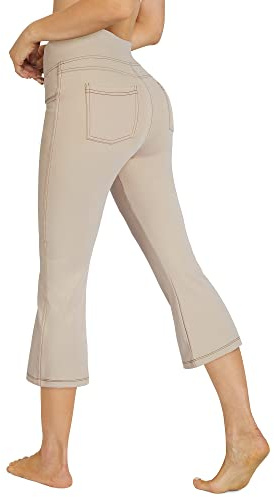 G4Free Pantalones capri para mujer, pantalones de yoga con corte de bota con 4 bolsillos, cintura alta, pantalones cortos casuales, Caqui, XXL