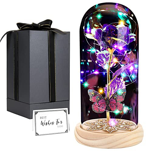 Galaxie für Frauen, Die Schöne und das Biest, in Glaskuppel, leuchtet ewig, für Geburtstag, Weihnachten, Hochzeit, Jahrestag (lila)