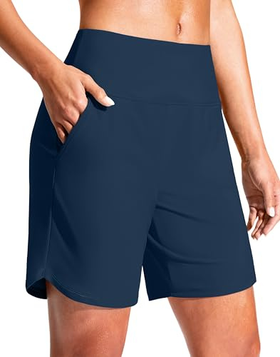 G Gradual Women's 7 Quick Dry Swim Board Shorts Swimming Bottoms High Waisted Beach Shorts for Women with Liner Pockets(Dark Blue,XXL)