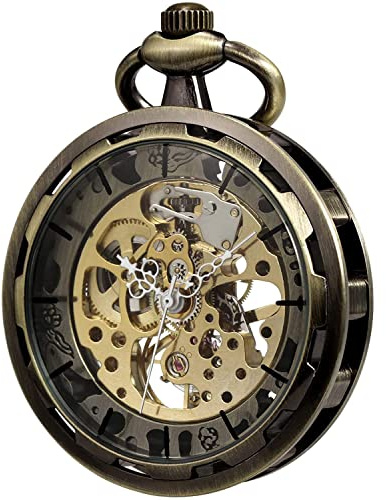 VIGOROSO Pocket Watch for Men with Chain Skeleton pocketwatch Manual Hand Wind Mechanical Watches for Mens, Mens Gifts Ideas