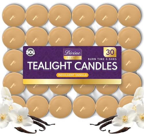 SOL 30pk Tea Light Candles Indulgent Vanilla – 3.5 Hour Burn Time, Scented Tea Lights Candles, Long-Lasting & Ideal Home Decor, Relaxation, Romantic Dinners, Weddings, Cosy Evenings & Special Occasion