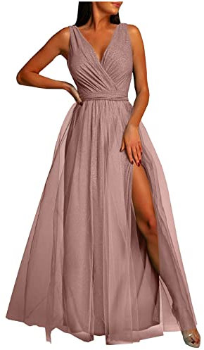 Masrin Abendkleid Damen Lang Elegantes Modisches Ballkleid Einfarbiges Tüllkleid Ärmelloses Cocktailkleid mit V-Ausschnitt Fließendes Swing Kleid Bodenlanges langes Maxikleid Hoher Schlitz Partykleid