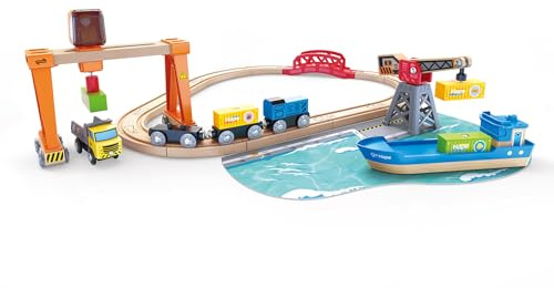 Hape lastning och laddning i hamnset, järnvägsset, skenor, tåg och fartyg, från 3 år
