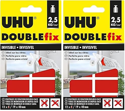 UHU Doublefix invisible - Ruban adhésif double face, ultra puissant, résistance à 2,5kg, transparent, 12 pastilles 40mm x 19 mm (Lot de 2)