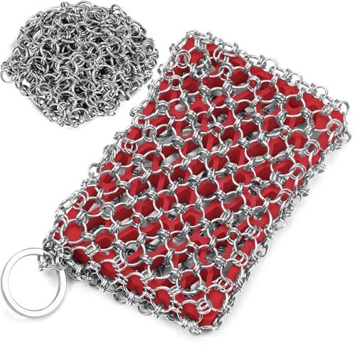 [Dual-use] Cast Iron Scrubber Cleaner - 316 SS Chain Mail Scrubber | Detachable Chainmail Scrubber - Cast Iron Pan Pot Skillet Scrubber - Metal Scrub Pad Cleaning Kit to Clean Cast Iron,Dutch Oven,Wok