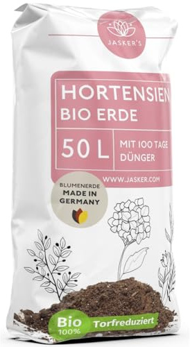 JASKER'S Bio Hortensienerde 50 L - Blumenerde für Hortensien aus 40% weniger Torf - Pflanzerde für weiße & rosafarbige Hortensien - Erde für Hortensien mit Dünger - Erde für Pflanzen