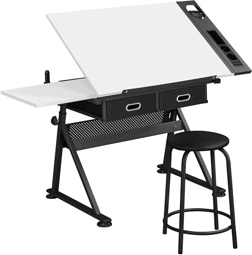 Yaheetech Ritbord arkitektbord justerbar bordsskiva skrivbord skolskrivbord med pall och lådor höjdjusterbart arbetsbord för tekniker arkitekter vitt