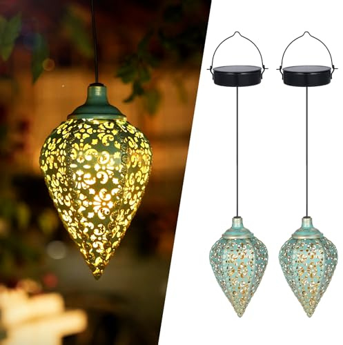 Solarlaternen für Außen Hängend 2 Stück, IP65 Wasserdicht Solar Laterne für Draußen, Metall LED Solarlampen für Außen Garten Hängend Orientalische deko Balkon Terrasse Patio Weihnachten