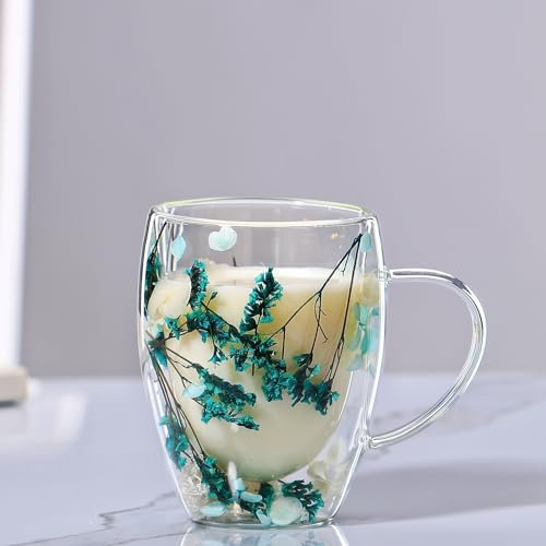 LEKUNI tazas de cafe con Flores Secas, 350ml vasos cafe cristal, taza doble pared cristal, tazas cafe espresso de Vidrio Transparente para nespresso, Espresso, leche, Té(azul)