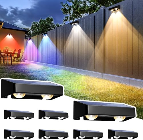 SOLPEX Solar Fence Lights Outdoor, 9 Fixed Colors ＆ Color Changing Fence Solar Lights Outdoor Waterproof IP65, LED Deck Lighting for Halloween Backyard Wall Step Patio Railing Pool Porch (8 Pack)