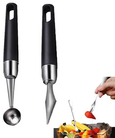 4 Pack Melon Baller Scoon Set,Stainless Steel Fruit Carving Cuter,DIY Fruit Baller Spoon Shapes Platter,Watermelon Cantaloupe Ice Cream Tool,Bring Two Fruit Forks and Mooncake Forks