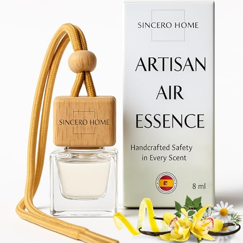 Désodorisant voiture Sincero Home fait main Vanille Noire, aromathérapie écologique avec bouchon bois et flacon verre, parfum doux longue durée pour voiture, maison, armoire, salle de bain