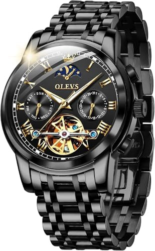 OUPINKE Herrenuhr Automatik Luxus Skelett Mechanik mit Mondphase Tourbillon Tag Datum Wasserdicht Luminous Edelstahlarmband