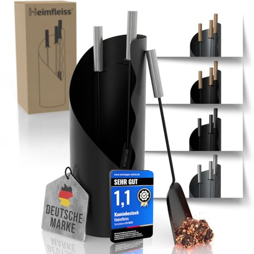 Heimfleiss® Kaminbesteck Schwarz Modern - Schürhaken & Kehrset, Edelstahl | Kaminzubehör mit Ständer: Schürhaken, Bürste & Schaufel | kratzfreie Silikonbasis | Kamingarnitur für Kaminofen & Ofen