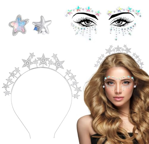 Sterne Haarreif Silber,Sterne Stirnband Glitter Gesichtstattoo Sterne Ohrringen Sterne Strass Haarband Haarschmuck Stern Kostüm Damen Karneval Hochzeit Geburtstag Party kopfschmuck Frauen Mädchen