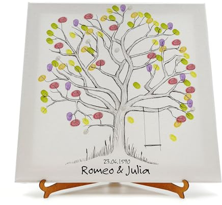 codiarts. personalisierte Leinwand für Fingerabdrücke, Party, Hochzeit, Jubiläum, Geburtstag, als Gästebuch mit Stempelkissen und Stift (Baum mit Schaukel, 30 x 30 cm, Bespannte Leinwand)