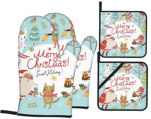 Ofenhandschuhe und Topflappen-Set, Weihnachtsmann, Fuchs, Eule, Katzen, hitzebeständig, Küchen-Backhandschuhe, rutschfeste Oberfläche zum Kochen, Backen, Grillen, Grillen