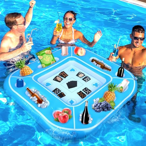 Large Floating Pool Games Table with Waterproof Playing Cards Pool Accessories Hot Tub Tray Card Table Tray Inflatable Food Drink Holder Cooler Containers for Beach Summer Party Indoor Outdoor