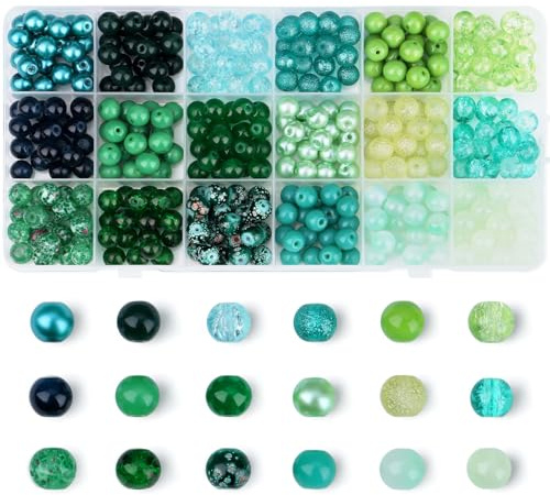 Sahoottie 8mm Grün Perlen Grüne Glasperlen zum Auffädeln Runde Perlen Groß Glasperlen für Armbänder Schmuck Basteln DIY Set 360 Stück (18 Grüntöne)