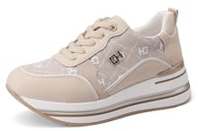 QUEEN HELENA Sneakers in Vera Pelle con Zeppa Scarpe da Ginnastica Casual Donna QH9012 (Beige, Sistema Taglie Calzature EU, Adulto, Donna, Numero, Media, 39)