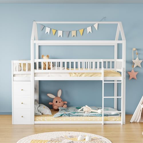 Lcoho Etagen-Kinderbett(90 x 200 cm), Hausform, Sicherheitszaun-Design, Mit Aufbewahrungskommode und Regalen, Niedriges Hochbett mit Leiter, Massivholzrahmen, Weiß