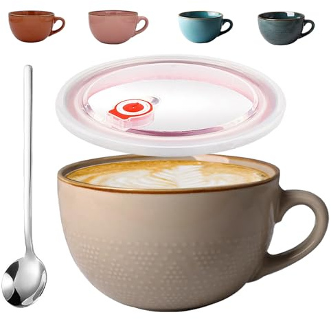 Groß Tasse Keramik, 700ml Groß Suppentassen mit Henkel, Mikrowellenherd Keramikschale, Porzellan Kaffee Tasse, Porzellan Suppenschüssel, Mit Deckel und Löffel, für Kaffee, Salate(Khaki)