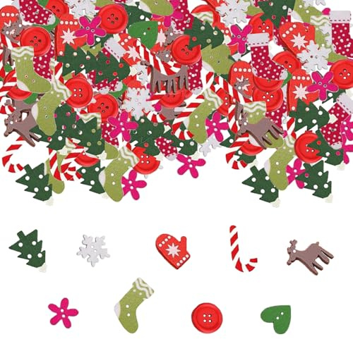 100 Stück Tischdeko Weihnachten,Holz Streudeko Weinachten Konfetti,Weihnachtliches Tischkonfetti,Weihnachts Dekoration,Schneeflocken Tannenbaum Herze Deko Confetti mit Loch,Wood DIY-Dekorationsknöpfe