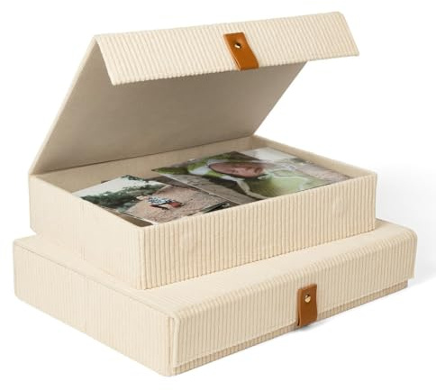 cherish & dwell Beautiful Cozy Corduroy Decorative Storage Boxes with Lids – Set of 2 Keepsake Boxes for Photos, Documents and Home Decor Accents - Giftable Memory Boxes for Mom