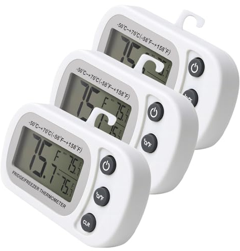 Fridge Thermometer Digital Refrigerator Thermometers Waterproof Freezer with Large LCD Display, Min/Max Function Easy to Read LCD Display Perfect for Home Restaurants Cafes Bars 3 Pack White