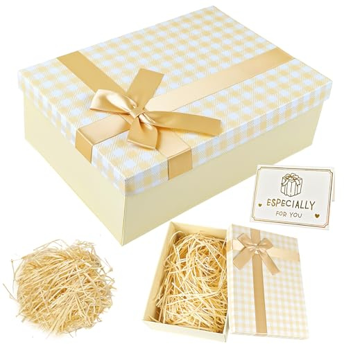 YIMETOP Gift Box with Lid, Premium Present Box 25x18x9cm Medium Gift Box with Shredded Paper Ribbon Greeting Card Unique Design for Christmas, Birthdays, Wedding Anniversary, Anniversaries(Yellow)