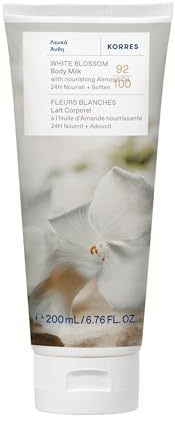 KORRES WHITE BLOSSOM Närande mandelolja Bodymilk med vit rosolja och bergamottdoft för 24 timmars vård och mjukhet, vegan, silikon- och parabenfri, 200 ml