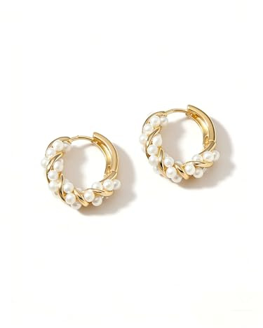 Ohrringe Gold Creolen, Twist Perlen Creolen für Damen Teens Perlenohrringe Gold Minimalistische Eleganz Hochzeit Geschenk