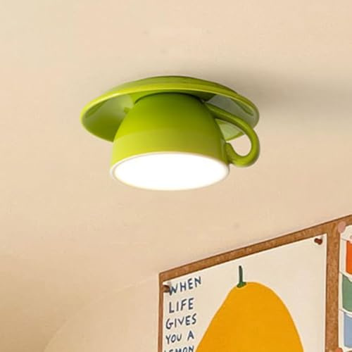 LOGT LED Deckenleuchte Keramik Kaffeetasse Kreativ Deckenlampe Moderne Deko 3 Farbtemperaturen (3000K/4500K/6000K) Deckenbeleuchtung Innen Cartoon Kinderzimmerlampe für Restaurant,Grün