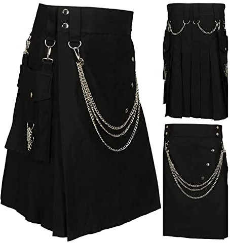 Skotsk kjol för män med kedja, enkel skotsk kjol för män, mode enfärgad veckad kilt retro distinkt veckad klänning mångsidiga trendiga kläder med flera kedjor för män, Svart, M